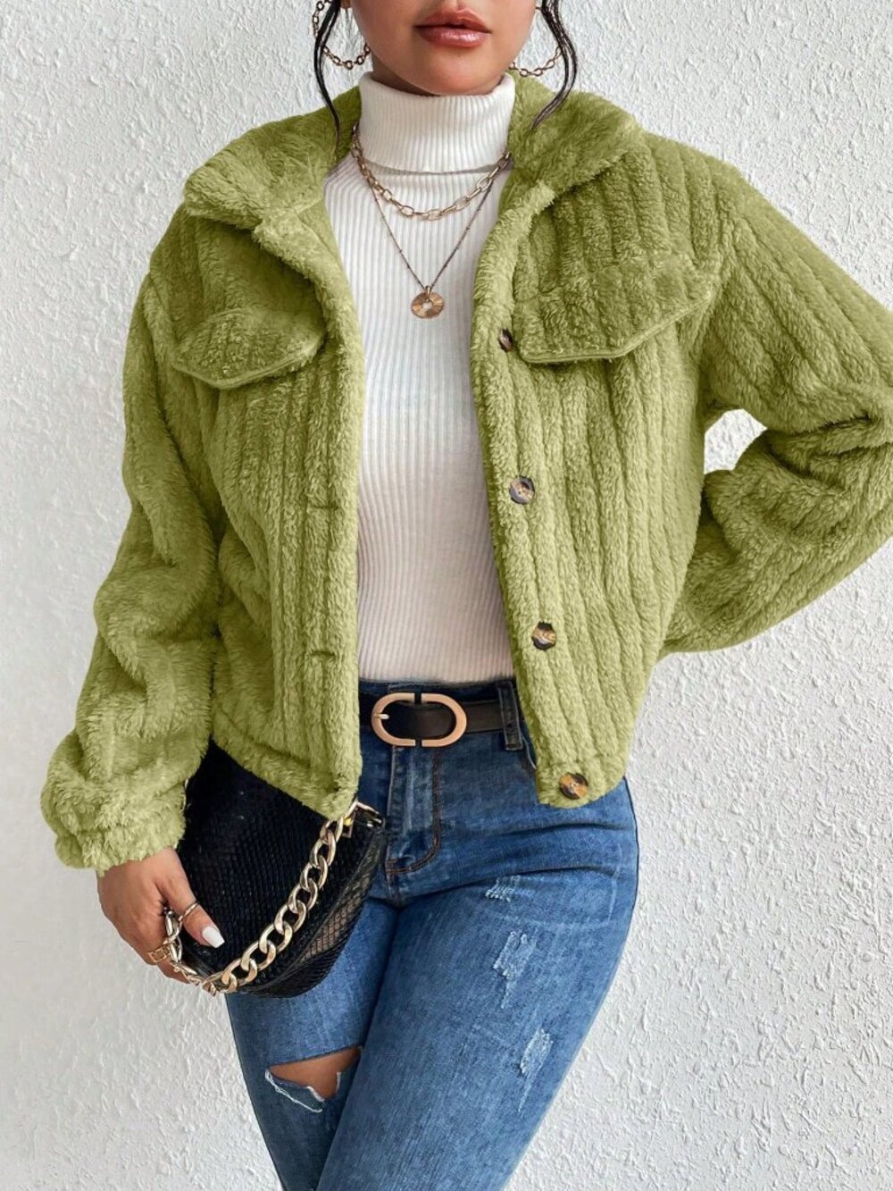 Mint Green Casual Women's Minimalist Fluffy Jacket